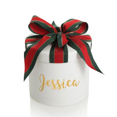 Personalised White Round Gift Box with Christmas Ribbon Bow
