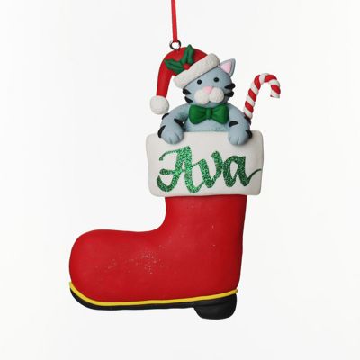 Personalised Cat in Santa Boot Christmas Decoration front
