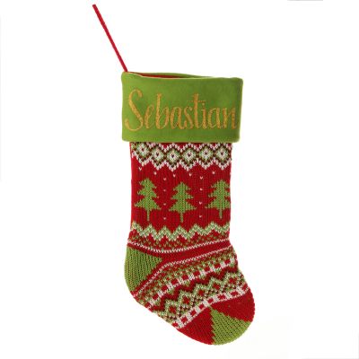 Personalised Knitted Tree Christmas Stocking - Green Cuff