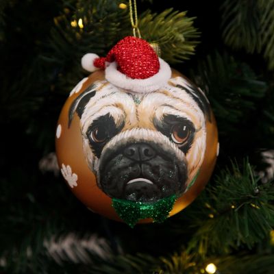 Personalised Pug Dog with Santa Hat Gold Christmas Bauble