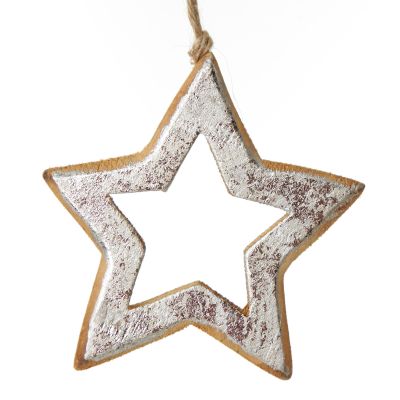 Natural and Silver Hollow Wood Star and Tree Decoration - Set of 2