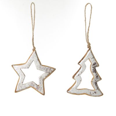 Natural and Silver Hollow Wood Star and Tree Decoration - Set of 2