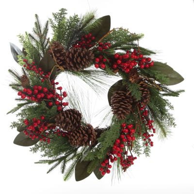 Pinecone and Red Berry Mixed Leaf Christmas Wreath