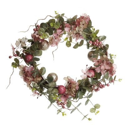 Pink and Champagne Glitter Ball Floral Christmas Wreath