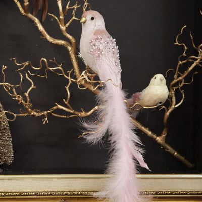 Large Elegant Pink Velvet Bird with Sequins and Feather Tail