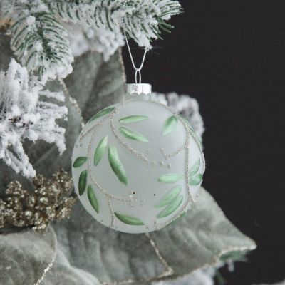 Frosted White Bauble with Green Leaves