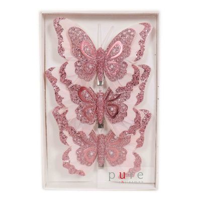 Pink Feather Butterfly Clips - Pack of 3