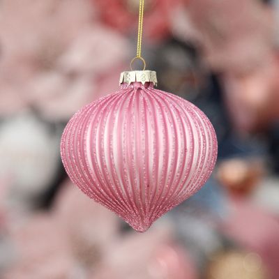 Pink Glass Ribbed Onion Christmas Bauble