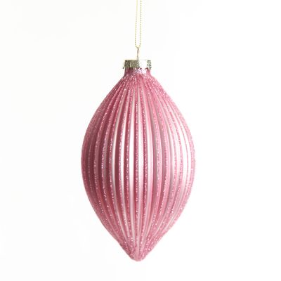Pink Glass Ribbed Teardrop Christmas Bauble