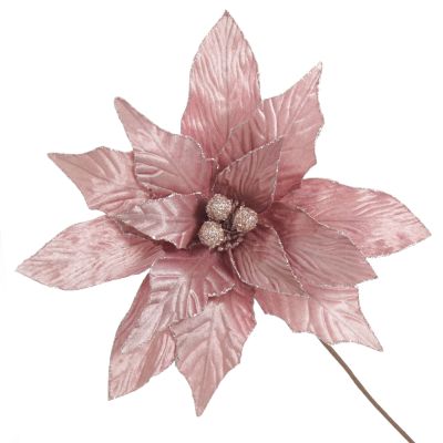 Large Pink Poinsettia Flower Stem with Glitter Trim