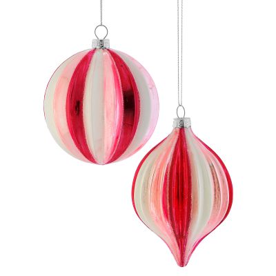 Pink Red & White Glass Bauble - Set of 2