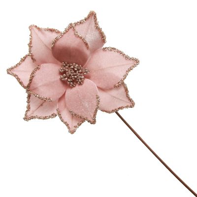 Pink Velour Poinsettia Flower Stem with Glitter Edge