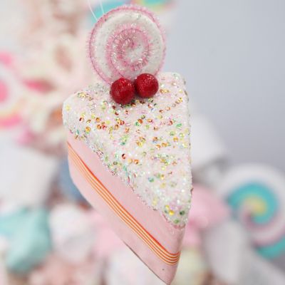 Pink Velvet Cake Slice with Frosting and Sprinkles Tree Decoration