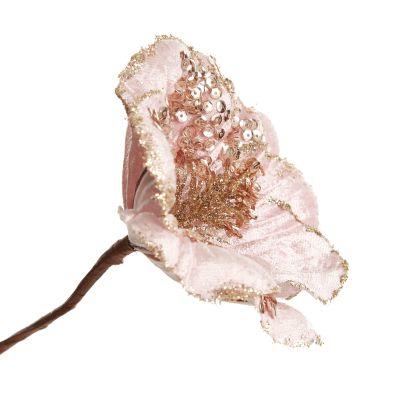 Pink Velvet Magnolia Flower with Champagne Sequin Tips