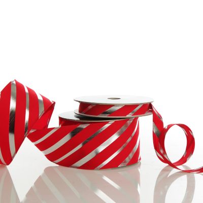 Red & Silver Diagonal Stripe Wired Ribbon