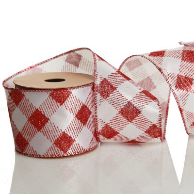 Red and White Gingham Pattern Wired Christmas Ribbon