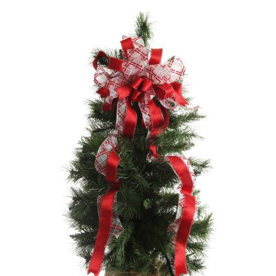 Red and White Glitter Plaid Deluxe Tree Topper Bow with Streamers - On Tree