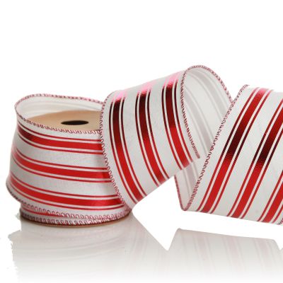 Red and White Striped Wired Christmas Ribbon