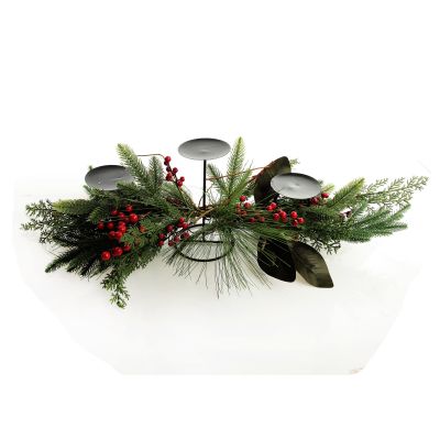 Pinecone and Red Berry Mixed Leaf Christmas Table Centrepiece Candle Holder