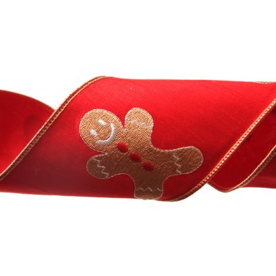 Red Christmas Ribbon Garland with Embroidered Gingerbread