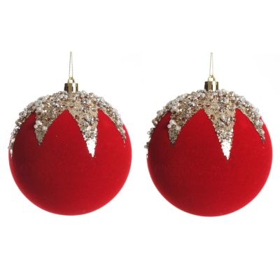 Red Flocked Christmas Bauble with Sequin Detail - Set of 2