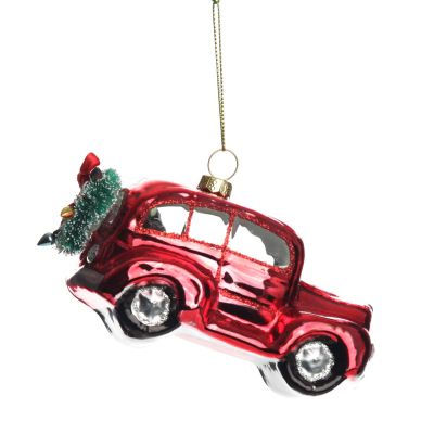 Red Glass Car with Christmas Wreath Tree Decoration