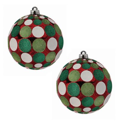 Red, Green & White Glitter Dot Bauble - Set of 2