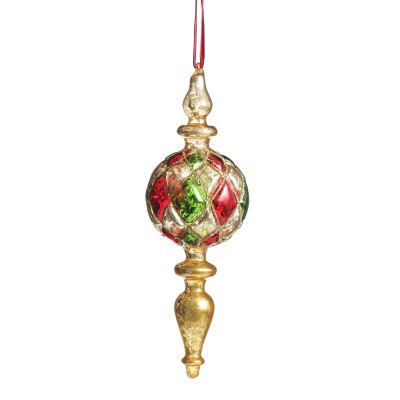 Red, Green and Gold Diamond Pressed Glass Christmas Finial