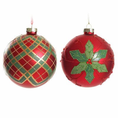 Red and Green Painted Holly and Tartan Christmas Baubles - Set of 2