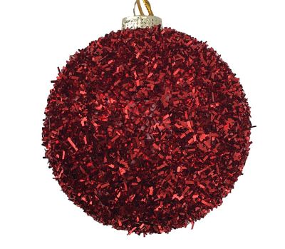 Red Tinsel Bauble Christmas Tree Decoration 10cm - Set of 4