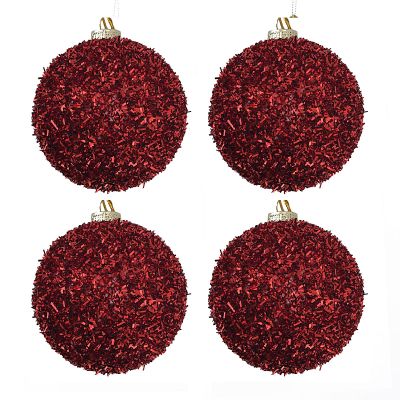Red Tinsel Bauble Christmas Tree Decoration 10cm - Set of 4