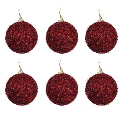 Small Red Tinsel Bauble Christmas Tree Decoration 7.5cm - Set of 6