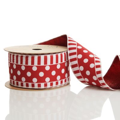 Red and White Dots and Stripe Candy Cane Christmas Ribbon - 6.5cm