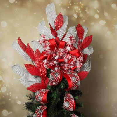 Red and White Glitter Plaid Deluxe Tree Topper Bow with Streamers - On Tree