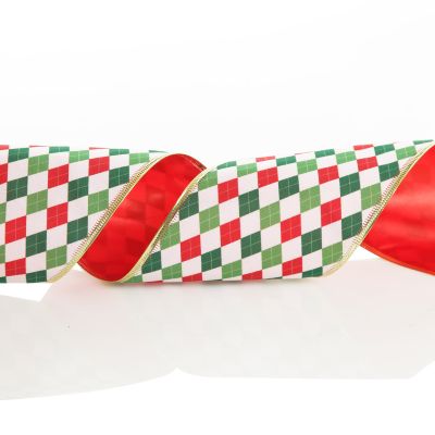 Reversible Red White Green Harlequin Pattern Wired Christmas Ribbon Garland
