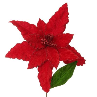 Red Poinsettia Flower Pick with Red Glitter Trim