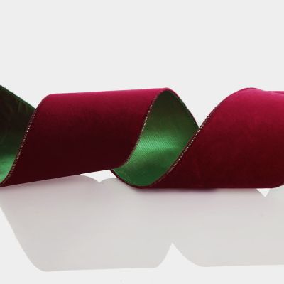 Reversible Dark Red Velvet and Green Satin Wired Christmas Ribbon Garland
