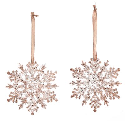 Rose Gold Glittter Snowflake Tree Decorations - Set of 2