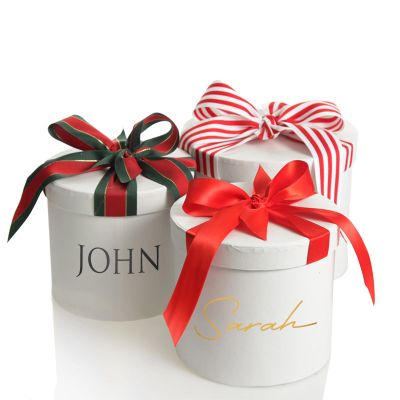 Personalised White Round Gift Box with Christmas Ribbon Bow