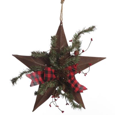 Rusted Tin Star Tree Topper with Buffalo Check Bow and Pine