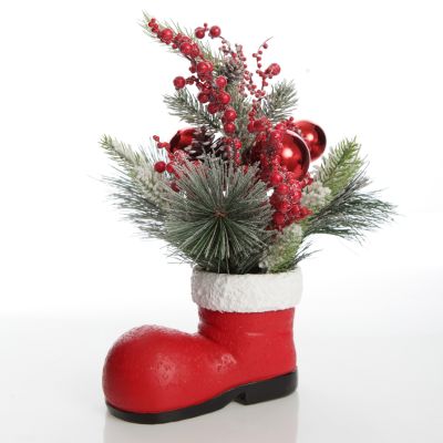 Santa Boot Christmas Ornament with Frosted Pine, Pinecone and Berries 