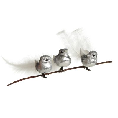 Silver Bird Clip with White Feather Tail - Set of 3