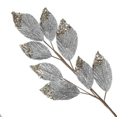 Silver Glitter Leaf Spray with Sequin Tips