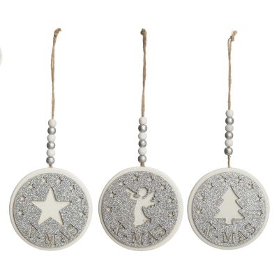 Silver Glitter Wooden Hanging Decorations with Christmas Cut Outs - Set of 3