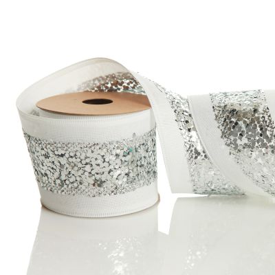 Silver Sequin Wired Christmas Ribbon  - 6.3cm 