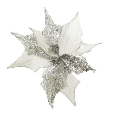 Silver Mesh and White Satin Poinsettia Flower Clip