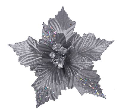 Silver Sequin Embossed Poinsettia Flower Clip