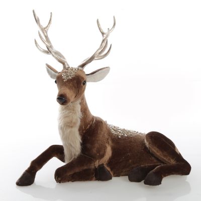 Sitting Velvet Chocolate Deer with Fur and Jewels