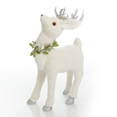 Small White Sisal Standing Deer with Silver Glitter Antlers