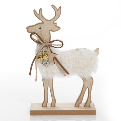 Wood Reindeer with Fur Christmas Ornament and Neck Tie